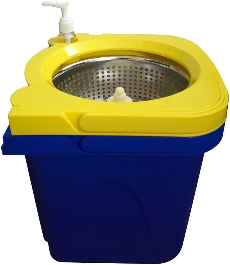 Thunder Mop Spin System - 2 Compact Stackable 6L Buckets, Microfiber Head, Stainless Steel Wringer, Antifungal Quick-Dry Cleaning, Soap Dispenser, 3 Free Refills (Yellow/Blue)