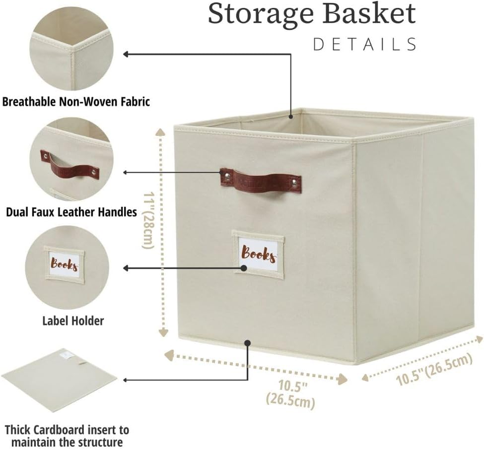 DECOMOMO Storage Bins, Cube Storage Bin with Labels, Fabric Storage Cubes for Shelves (10.5" x 11" / 2pcs, Beige)