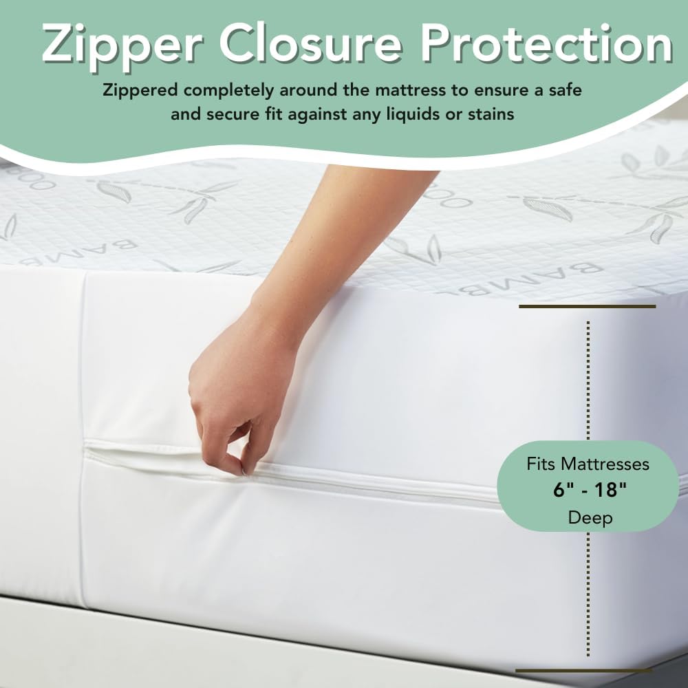 Bamboo Rayon Mattress Protector with Zipper + 2 Pillow Protectors - 100% Waterproof Cooling Queen Size Cover - Ultra Soft Fabric Breathable Noiseless Mattress Pad Covers Zippered Encasement