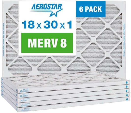 Aerostar 18x30x1 MERV 8 Pleated Air Filter, AC Furnace Air Filter, 6 Pack (Actual Size: 17 1/2" x 29 1/2" x 3/4")