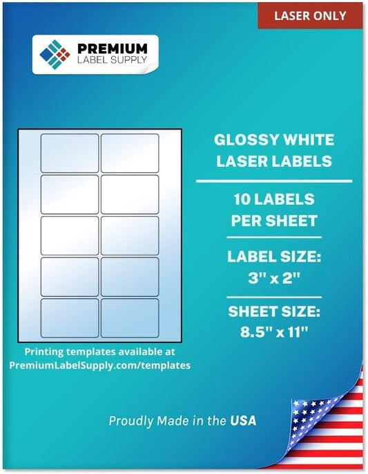 Premium Label Supply Glossy White Sticker Labels – 3" x 2" – (10 per Sheet) (Glossy White for Laser Only, 250 Labels)