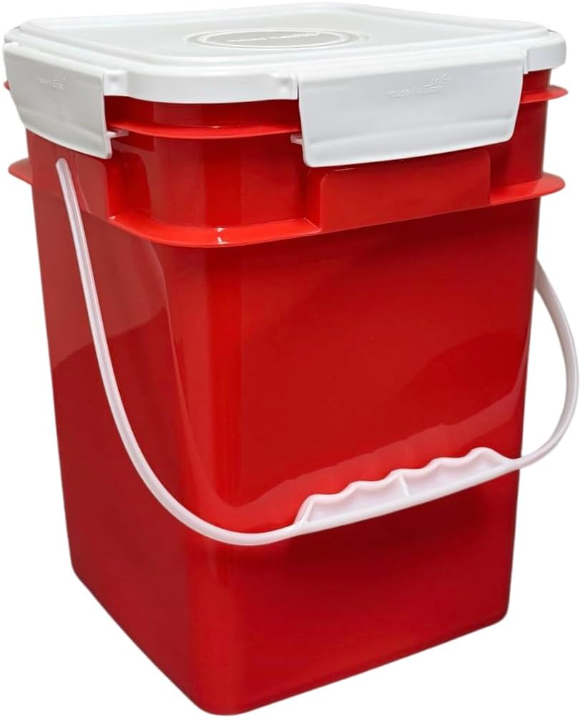 House Naturals 4 Gallon Square Food Grade Bucket Pail with Plastic Handles and Lid (Pack of 3) Made in USA containers (RED-White Lids)