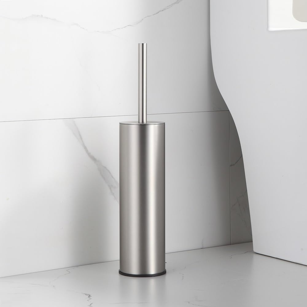 Toilet Brush and Holder Set Brushed Nickel Stainless Steel, 304 Heavy Duty Round Toilet Brush Set – Rust Resistant, Long Handle, Replacement Heads, Floor Standing Bathroom Toilet Cleaning