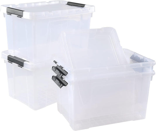4 Pack 22 L Clear Plastic Storage Box with Wheels, Latch Storage Bin with Lid