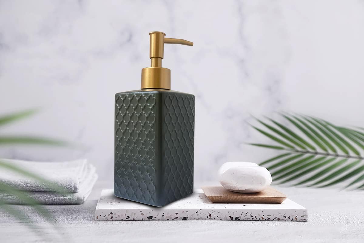 Gold Soap Dispenser for Bathroom,Retro Black Square Lotion Dispenser, Refillable Countertop Ceramic Hand Soap Dispenser,Dish Soap Dispenser for Kitchen 350ml