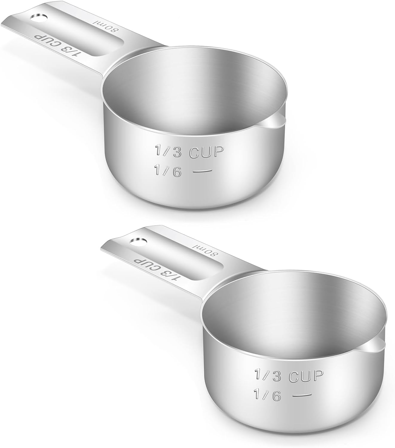 2PCS 1/3Cup (80ml, 2.7oz) Single Measuring Cup, Stainless Steel Measure Scoop, Metric and US Measurement, Dishwasher Safe
