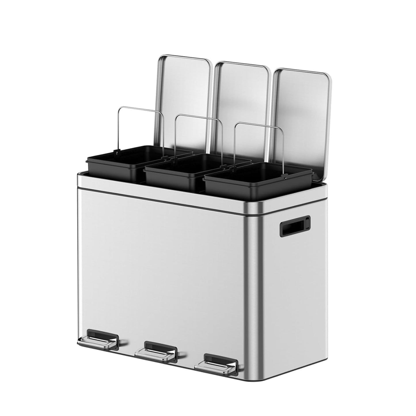 3 x 4 Gal (3 x 15L) Trash Can, Stainless Steel Triple Compartment Step-On Recycling Bin with Soft-Close Lids & Removable Plastic Inner Buckets for Kitchen, Home, Office