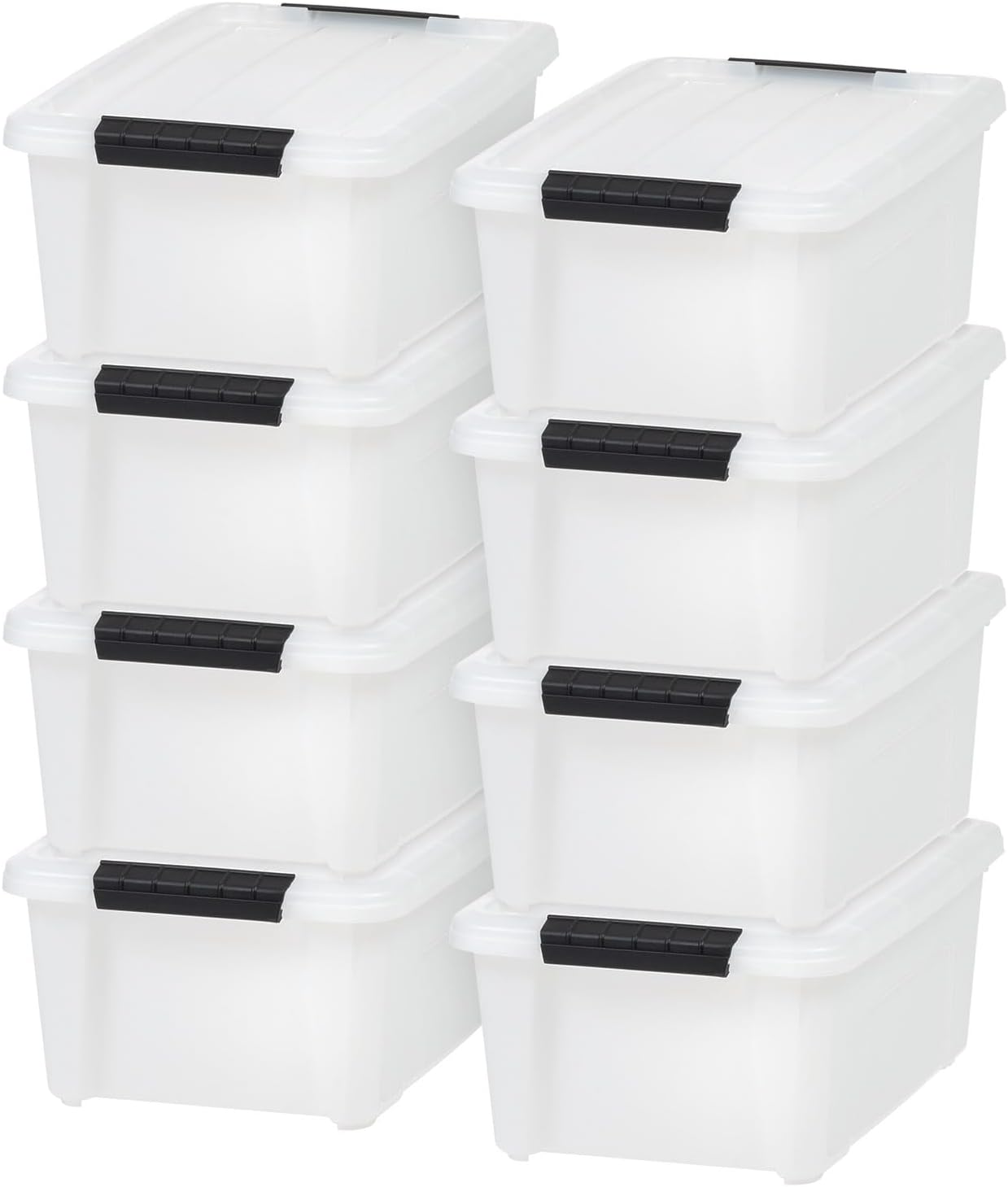 IRIS USA 13.5 Qt Stackable Plastic Storage Bins with Lids, 8 Pack - BPA-Free, Made in USA - Discreet Organizing Solution, Latches, Durable Nestable Containers, Secure Pull Handle - Pearl