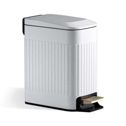 CEROELDA Small Bathroom Trash Can with Lid Soft Close-5L/1.3 Gal Slim Garbage Can-Metal Step Wastebasket-Rectangle Narrow Waste Bin for Office, Bedroom, Toilet, Live Room (Embossed-White)