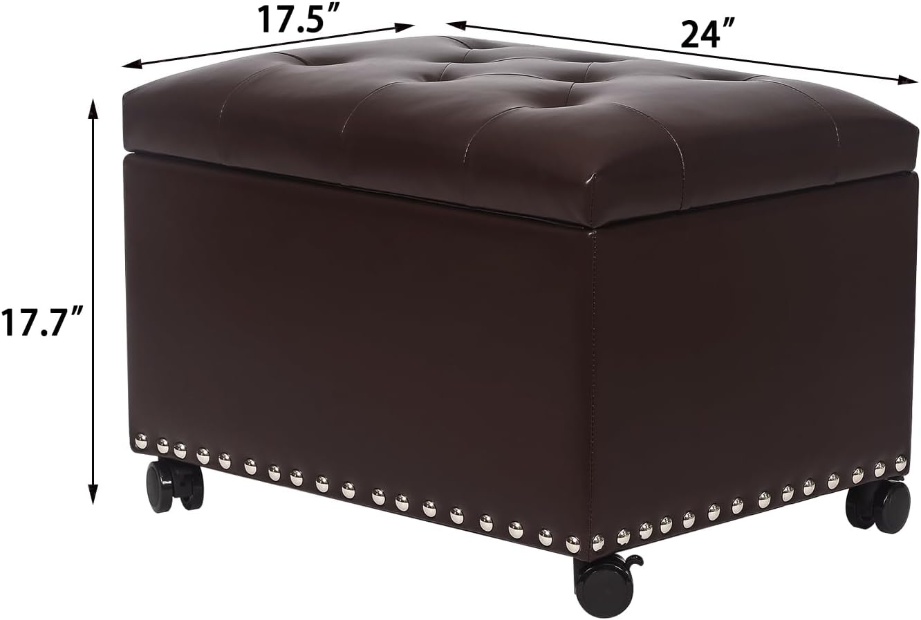 Joveco Leather Storage Ottoman with 360° Caster Wheels 24" Foot Rest Bench Rectangle Ottomans Stool for Living Room Bedroom (Brown, Wheels)