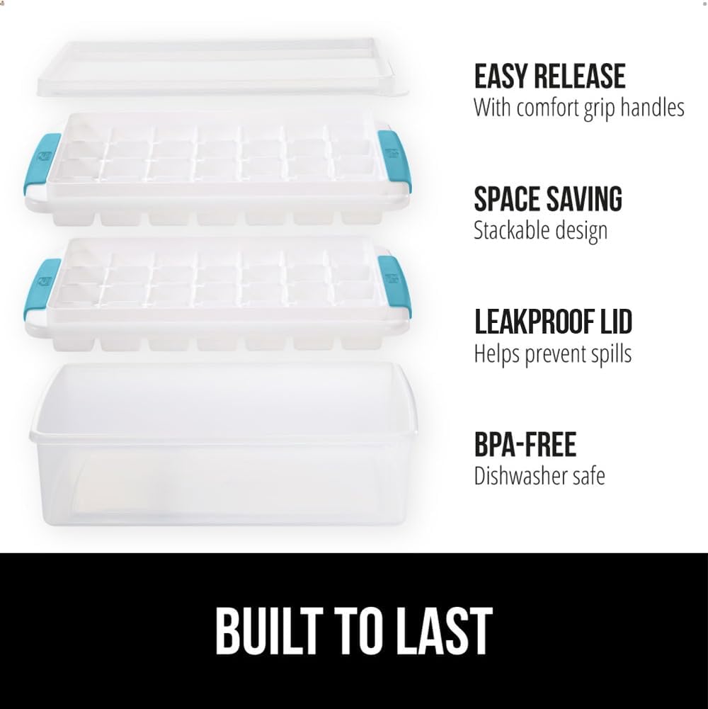 GORILLA GRIP Stackable Ice Cube Tray and Bin Set for Freezer, Includes 2 Trays with Lid and Scooper, Easy Release, Makes 56 Cubes, Cocktail Soda Coffee, Leak Proof Bucket Kit, Kitchen Tool, Turquoise