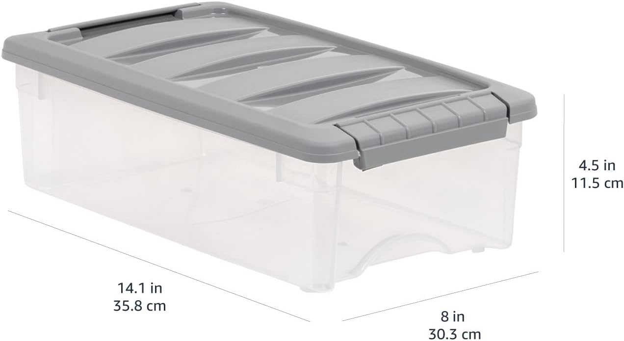 Amazon Basics Plastic Storage Containers with Secure Latching Lids, Stackable Organization Bins, Clear/Grey, 5 Quart, Set of 10