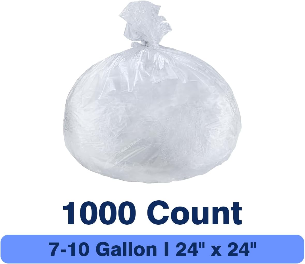 7-10 Gallon Clear Trash Can Liners, 24'' x 24'', Wholesale 1000 Count, High Density Garbage Bags for Office, Bathroom, Commercial and Industrial Use