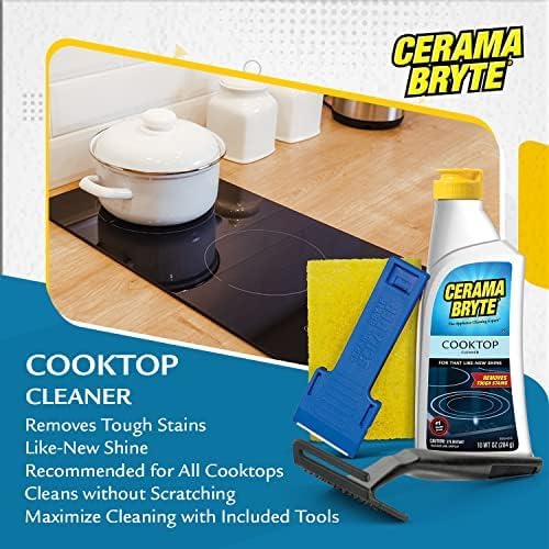 Cerama Bryte Glass Cooktop and Stove Top Cleaner Combo Kit - Includes Cleaning Tool, Razor, Scraper and 1 Pad to Remove Tough Stains - Use on Gas, Electric, Ceramic Surfaces, 10 Ounces, 4 Piece