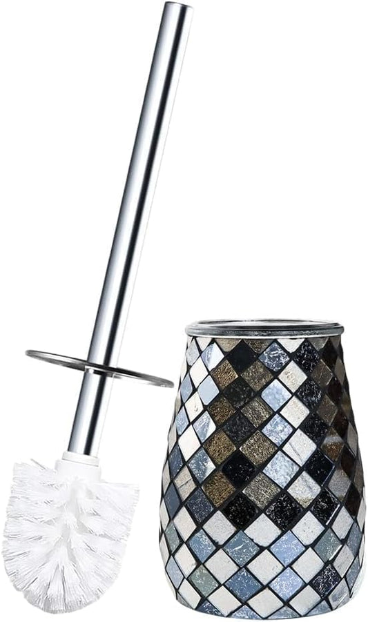 Escenzy Modern Toilet Brush and Holder Set Mosaic Glass | Non-Rustic Stainless Steel | Practical & Decorative Toilet Bowl Brush and Holder | Luxury Black and Gold Bathroom Accessories