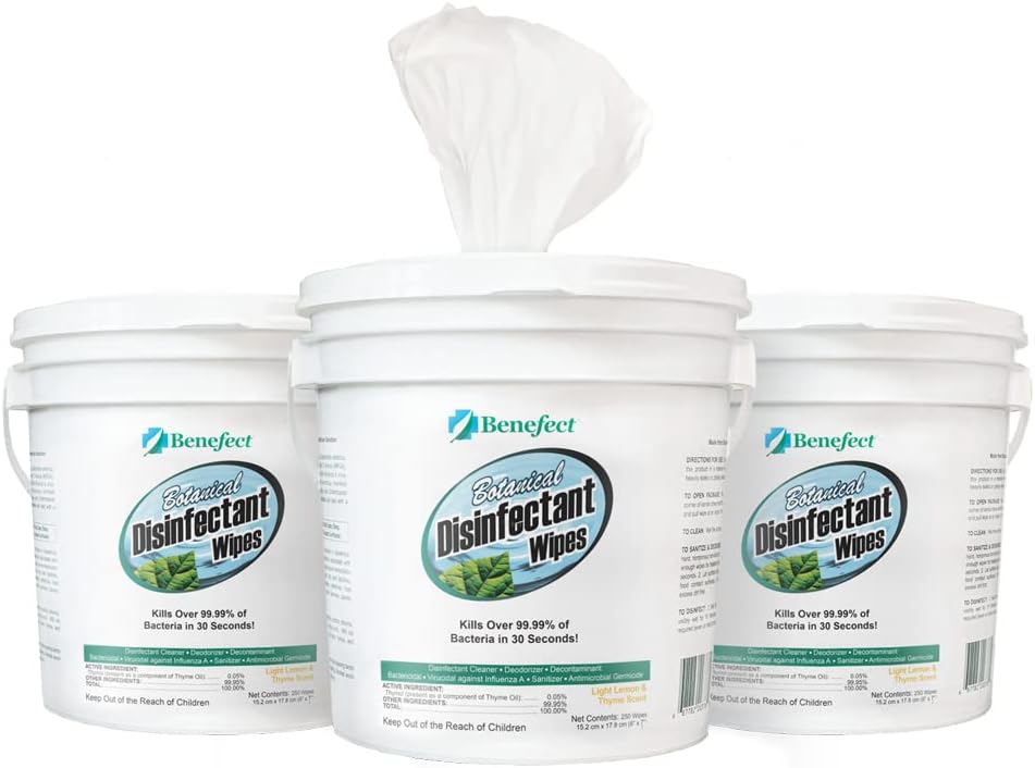 Benefect Botanical Disinfectant Wipes – 750 Sanitizing Wipes. 3 Pack of 250 Wipes Per Unit - High Traffic - Gym Wipes, Schools and Food Safe Cleaning (250, 3)