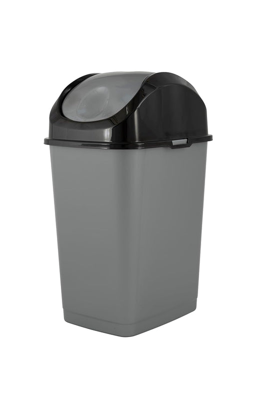 Superio Small 2.5 Gallon Plastic Trash Can with Swing Top Lid, Compact Slim Waste Bin for Under Desk, Office, Bedroom, Bathroom, Dorm Room, 10 Qt. Portable Garbage Can (Grey/Black)