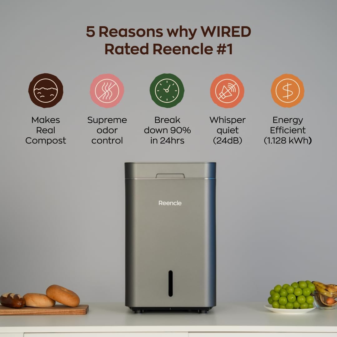 Reencle Gravity Electric Composter - 22L Kitchen Composter– Decomposes 3.3 lbs Daily, Odorless & Quiet Indoor Composting, Rapid Decomposition with All-New Compost Starter 2.0 + Booster Pack (Silver)
