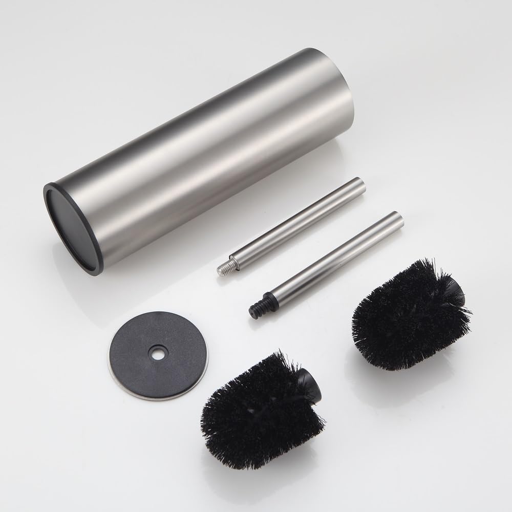 Toilet Brush and Holder Set Brushed Nickel Stainless Steel, 304 Heavy Duty Round Toilet Brush Set – Rust Resistant, Long Handle, Replacement Heads, Floor Standing Bathroom Toilet Cleaning