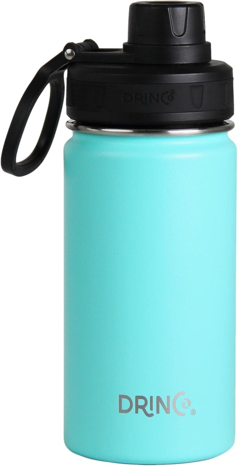 DRINCO Stainless Steel Water Bottle Spout Lid Vacuum Insulated Double Wall Water Bottle Wide Mouth (40oz 32oz 22oz 18oz 14oz) Leak Proof Keeps Cold or Hot (14 oz, 14oz Teal)