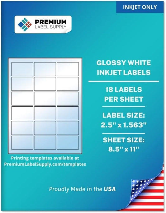 Premium Label Supply Glossy White Sticker Labels – 2.5" x 1.563" – (18 per Sheet) (Glossy White for Inkjet Only, 9,000 Labels)