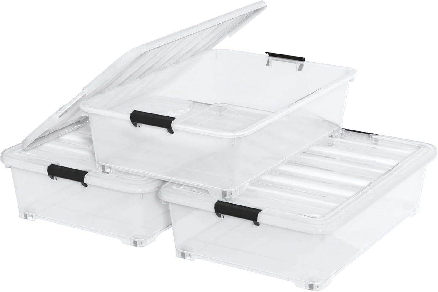 50 Quart Plastic Under Bed Storage Boxes, Clear Under Bed Storage Containers with Wheels, 3-Pack