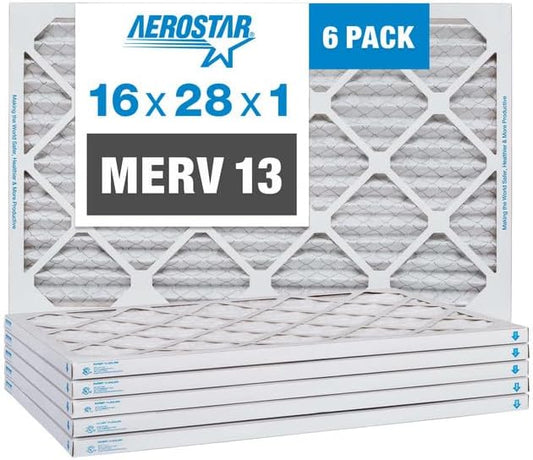 Aerostar 16x28x1 MERV 13 Pleated Air Filter, AC Furnace Air Filter, 6 Pack (Actual Size: 16" x 28" x 3/4")