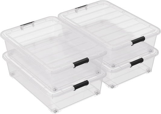 50 Quart Multipurpose Under Bed Storage Container Bins with Secure Latch Lid & Wheels, Underbed Storage Organizer Box, 3-Pack, Clear