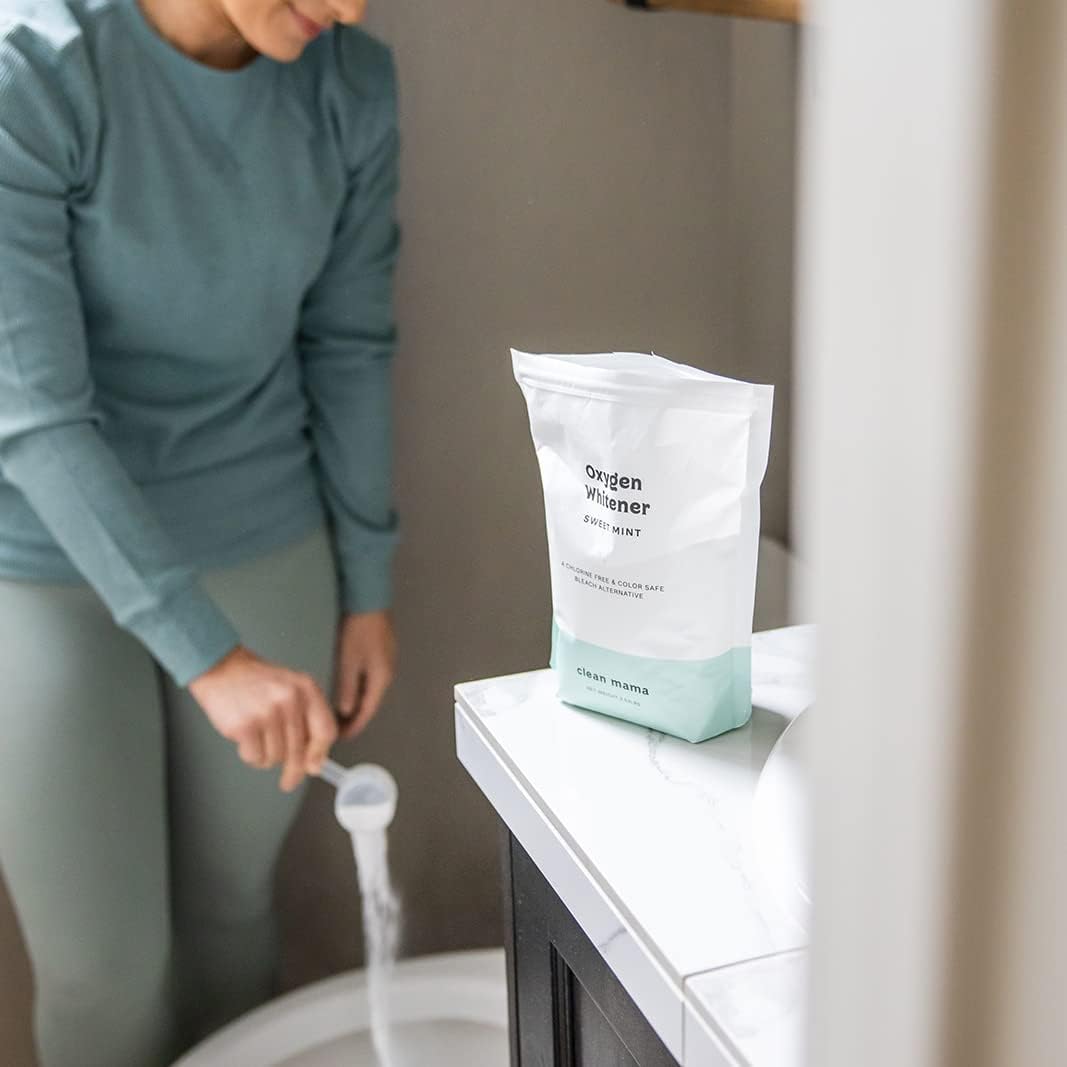 Clean Mama Natural Oxygen Whitener and Stain Remover - Color-Safe Natural Bleach Alternative - Plant-Derived Oxygen Powder, Whitens & Brightens Whites and Colors - Sweet Mint, 2.53 lbs