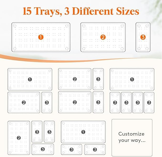 15-Pack Clear Drawer Organizer Set – Multi-Size Acrylic Storage Bins for Kitchen, Makeup, Office & Bathroom – Stackable Plastic Trays for Home, Desk & Vanity Organization