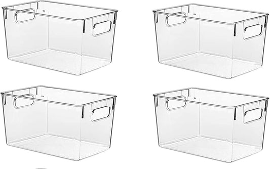 Clear Pantry Organizer Bins, Plastic Organizers & Storage Containers, Cabinet Organizer, Home Organization Must Haves for Kitchen, Laundry Room, Office, Closet & Freezer (4 Pack)