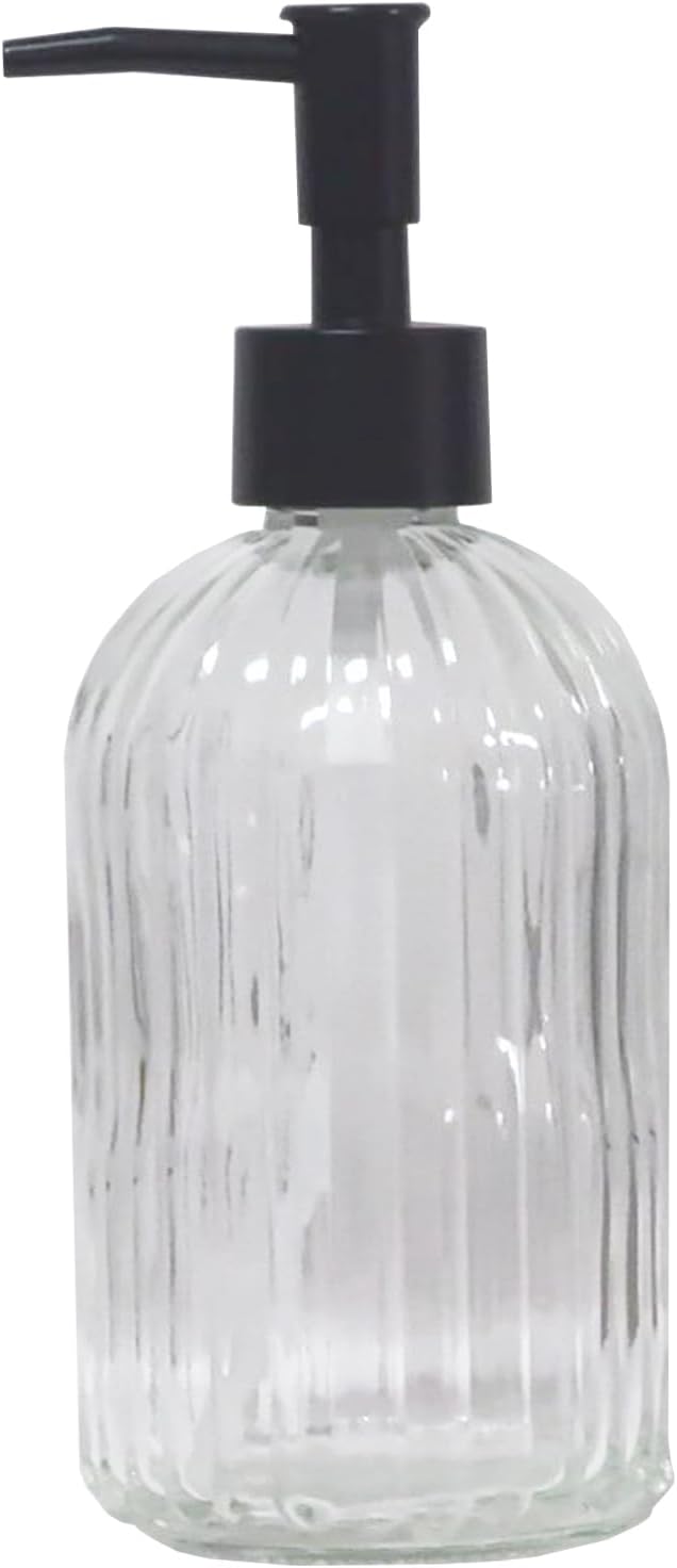 Clear Glass Soap Dispenser with Black Plastic Pump, 13.5oz Refillable Liquid Hand Soap Dispenser, Lotion Dish Soap Dispenser for Modern Home Decor, Bathroom, Kitchen Countertop, Hotel
