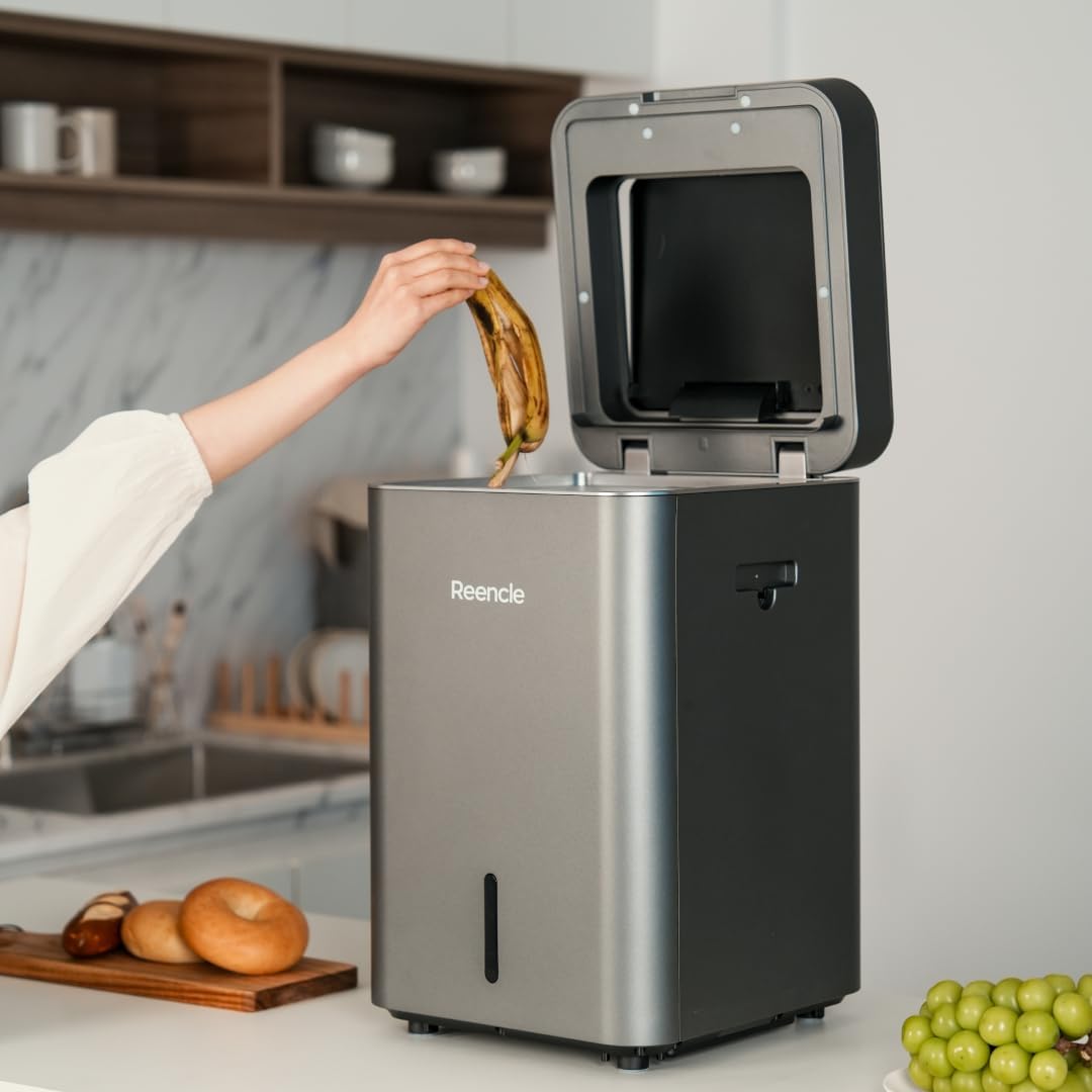 Reencle Gravity Electric Composter - 22L Kitchen Composter– Decomposes 3.3 lbs Daily, Odorless & Quiet Indoor Composting, Rapid Decomposition with All-New Compost Starter 2.0 + Booster Pack (Silver)