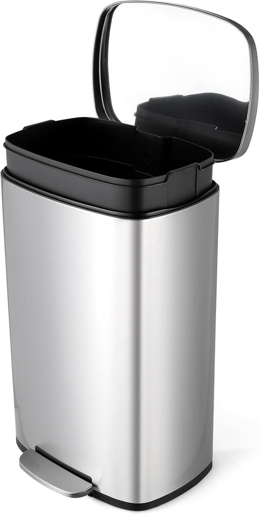 13.2 Gal Kitchen Trash Can, 50L Recycling or Garbage Bin, Brushed Stainless Steel Waste Basket, Soft&Quiet Close Dustbin, with Step-On Pedal, Removable Inner Bucket, for Home, Office, LIving Room