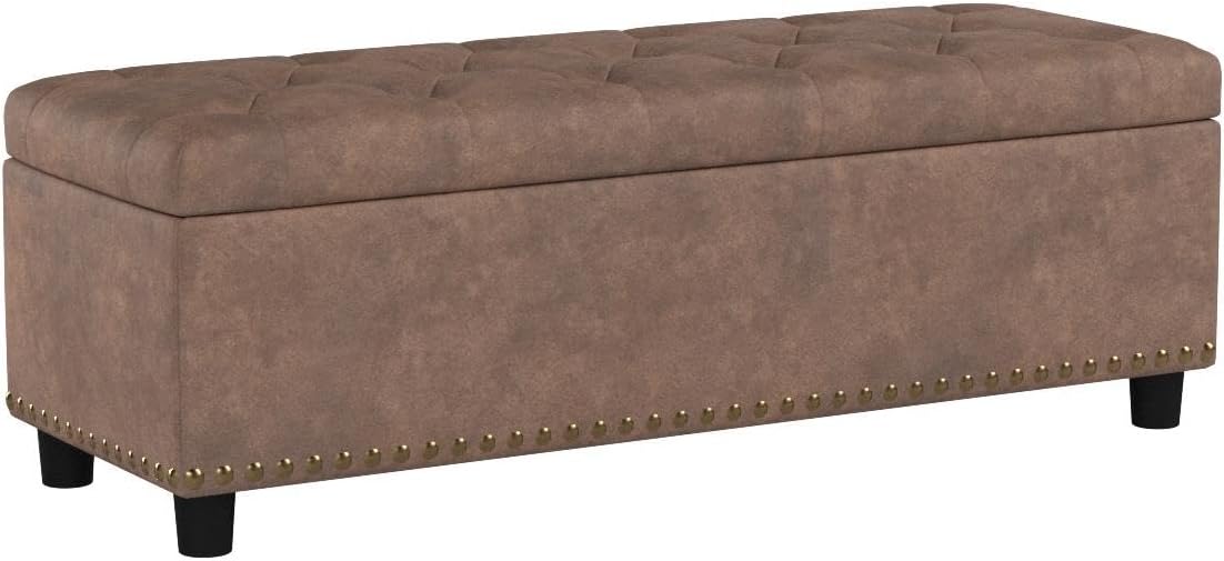 BELLEZE 47" Storage Ottoman, Storage Bench with Safety Close Hinge, Faux Leather Button-Tufted Ottoman for Living Room, Entryway, Hallway, Foot Rest, Support 300lbs - Rustic Brown