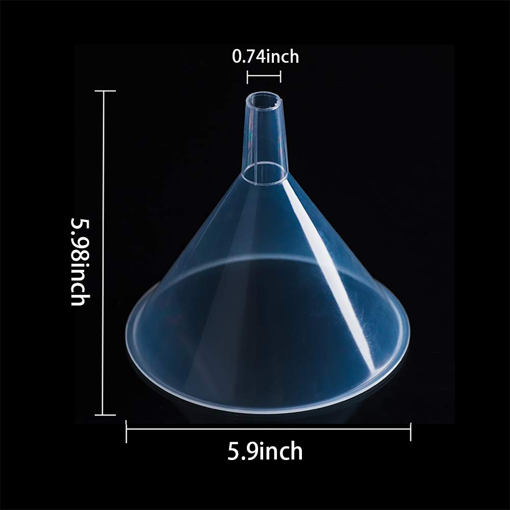 DEDC 4 Pack Clear Plastic Filter Funnel, Small Oil Funnels for Filling Bottles, Liquid Transfer Funnel for Kitchen, Laboratory, Garage, Car, 5.9 inch Dia Mouth