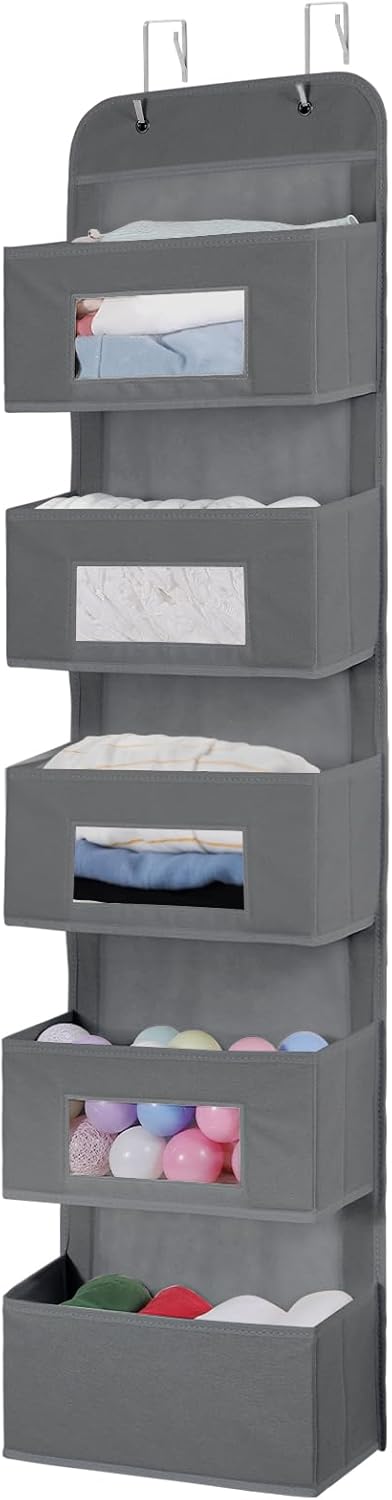 MAX Houser 5-Shelf Over The Door Hanging Organizer with 2 Metal Hooks, 5 Pocket Over The Door Wall Mount Storage with Clear Windows for Baby Nursery Bathroom Closet,Bedroom,Dorm,Diapers,Kids Toy(Gray)