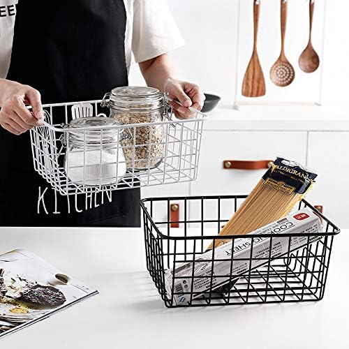 Kitchen Wire Baskets Farmhouse Decor Metal Food Storage Organizer, Household Refrigerator Bin with Built-in Handles for Cabinets,Pantry Set of 4 (Black)