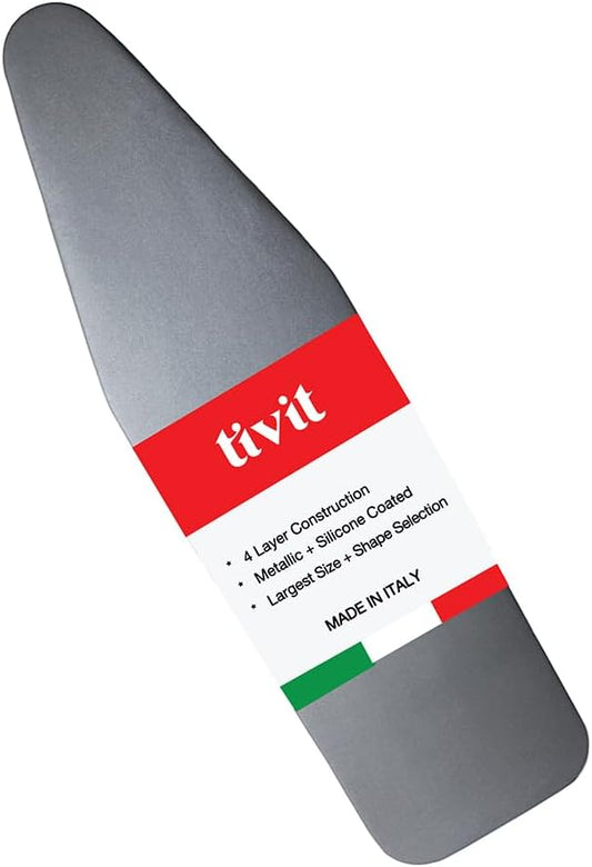TIVIT Ironing Board Cover 10 x 32, Made in Italy. Pro Grip Pad Covers w/3 Fastener Straps & Pull Bungee Cord - Durable Scorch & Stain Resistant Padded Layers, Heat Reflective AlumiTek PRO Top Coat