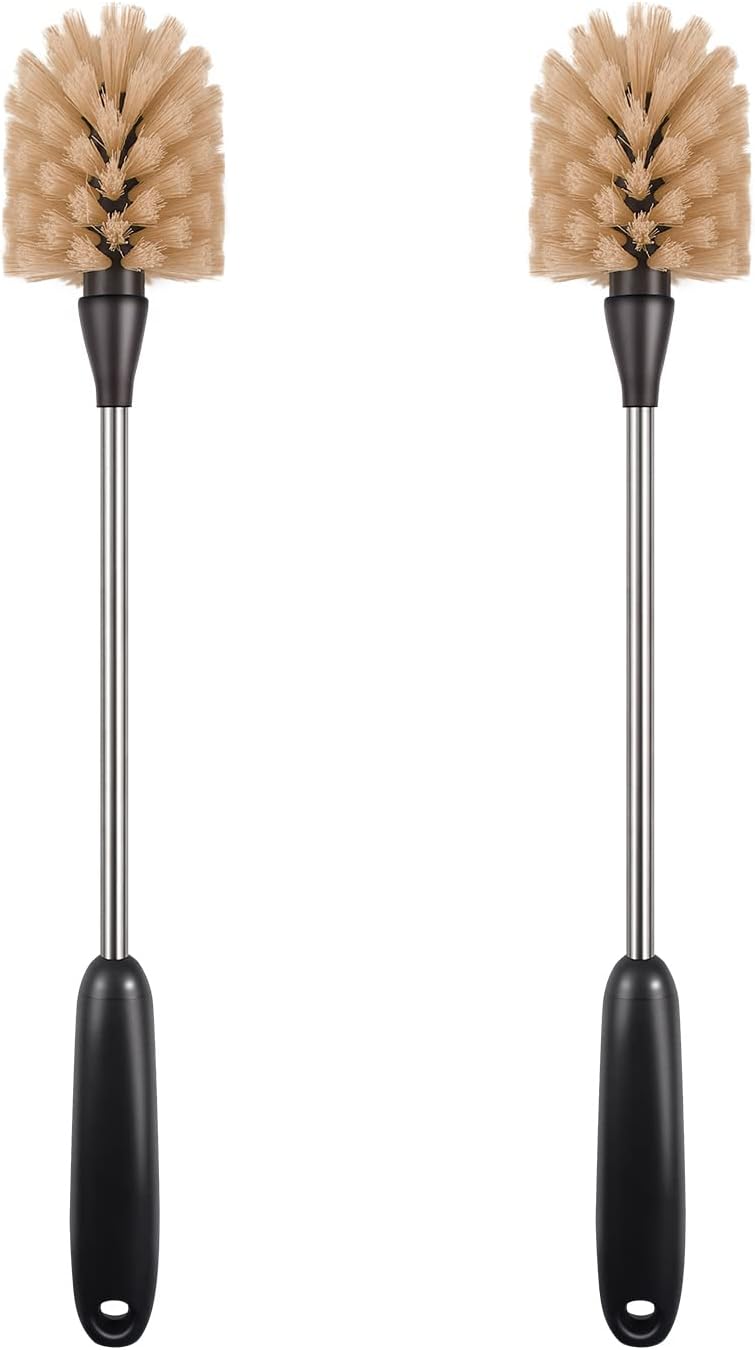 2 Pack Water Bottle Brush, 15-inch Long Handle Cleaning Brush, Kitchen Scrubber, Bottle Brush Cleaner, Suitable for Water Bottles, Cups, Glasses, Baby Bottles, Wine Glasses, Brown