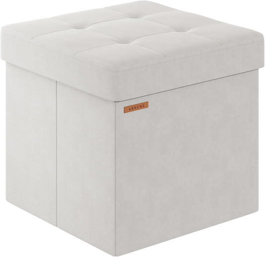 Folding Storage Ottoman, Velvet Storage Bench, Footrest, Footstool,for Living Room, Bedroom and Office,15 x 15 x 15 Inches, 300 kg Load Capacity,Cream White, UASND04W