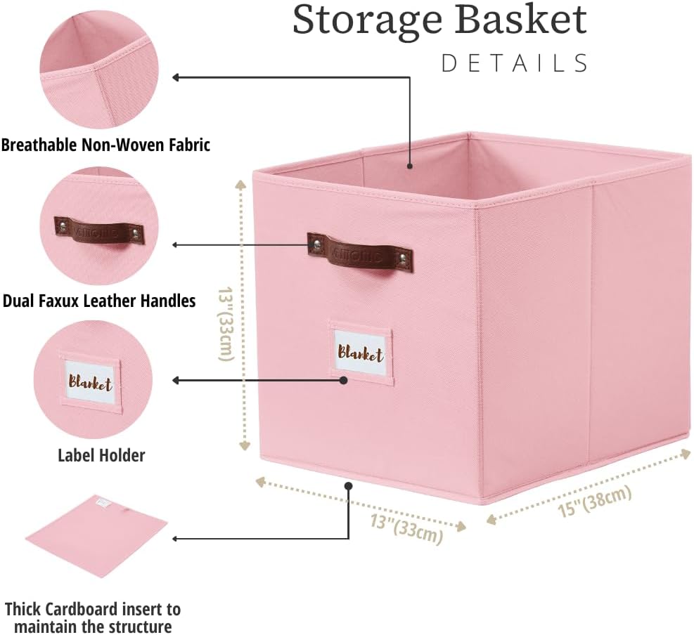 DECOMOMO Storage Baskets, 13x15x13 Storage Cube Bins with Labels for Organizing Shelves Kallax (Kallax / 4pcs, Pink)