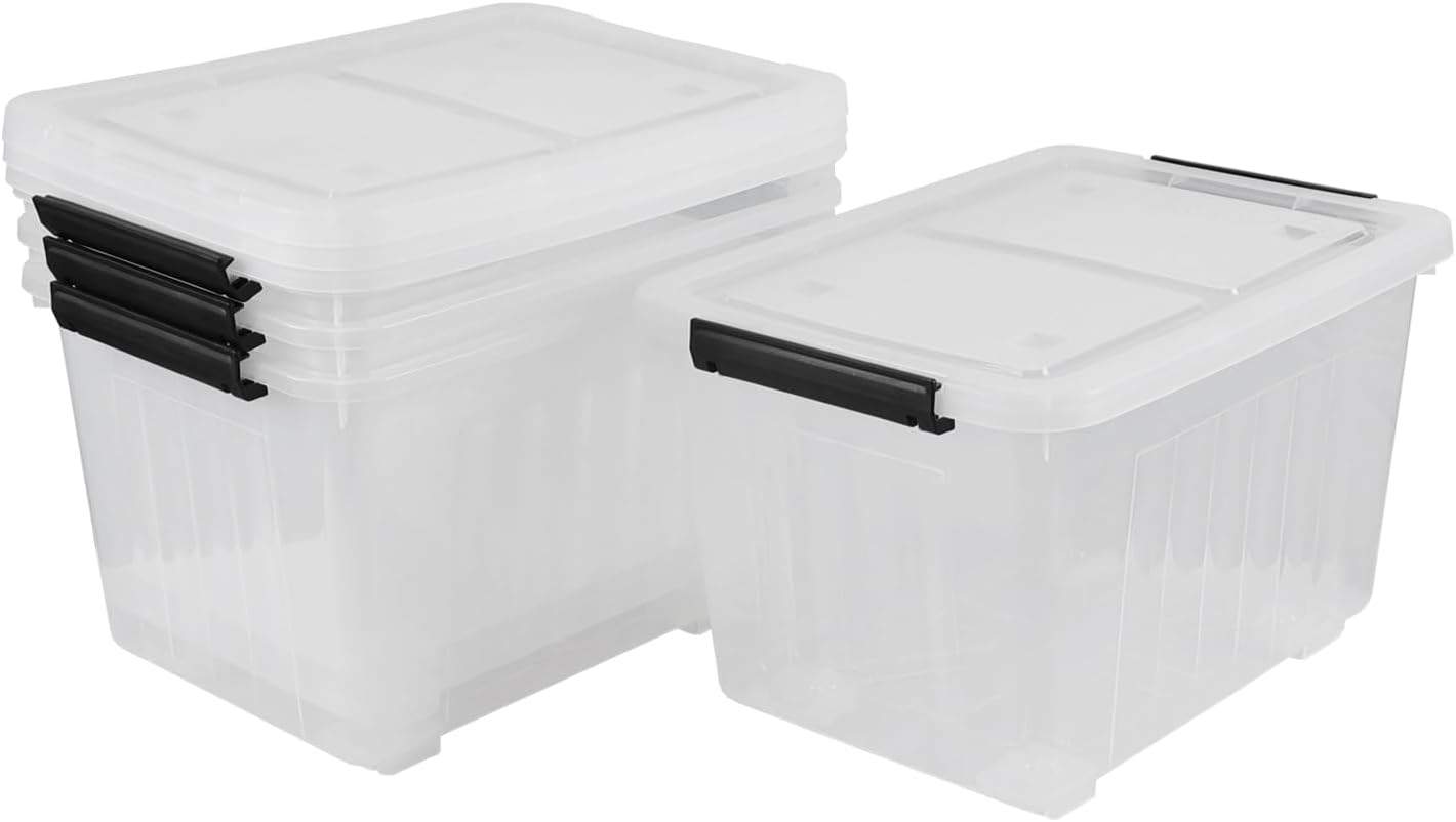30 Quart Clear Plastic Latch Storage Bins with Wheels, 4-Pack Wheeled Clear Storage Totes