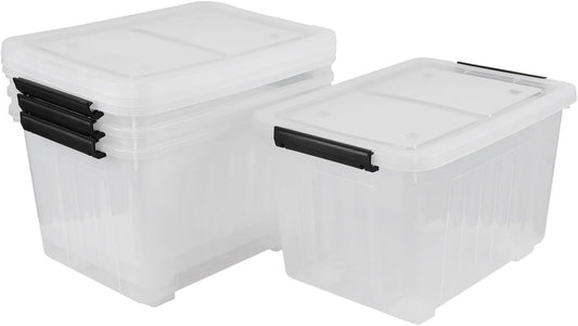 30 Quart Clear Plastic Latch Storage Bins with Wheels, 4-Pack Wheeled Clear Storage Totes