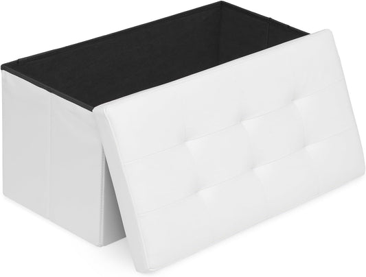 Athena Collection 30" Storage Ottoman Bench Folding Bench with 90L Hidden Storage, Large End of Bed Bench PU Leather Foot Rest Stool Chest with Flipping Lid for Living Room, Bedroom, Entryway, White