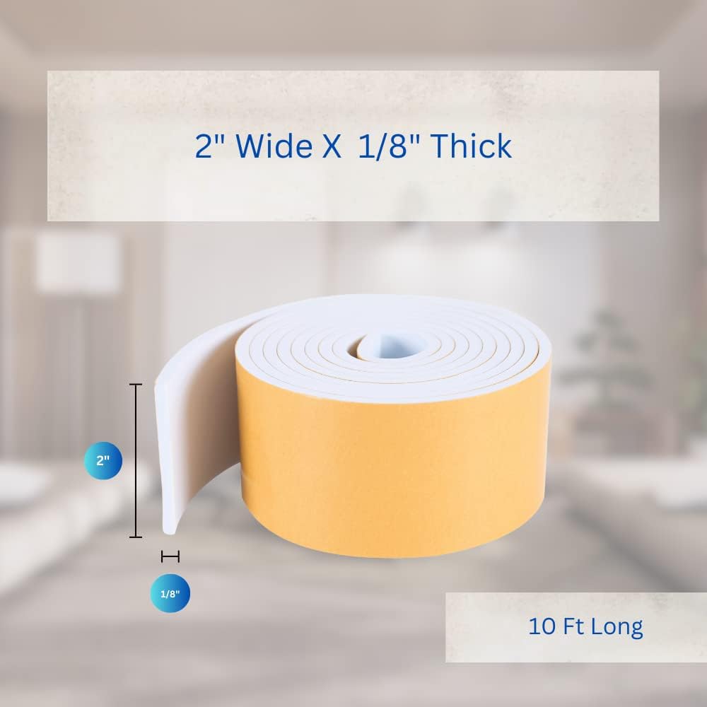 High Density Foam Weather Stripping Door Seal Strip Insulation Tape Roll for Insulating Door Frame, Window, Air Conditioner | Self Adhesive Sealing Weatherstrip (2 in x 1/8 in x 10 Ft, White)
