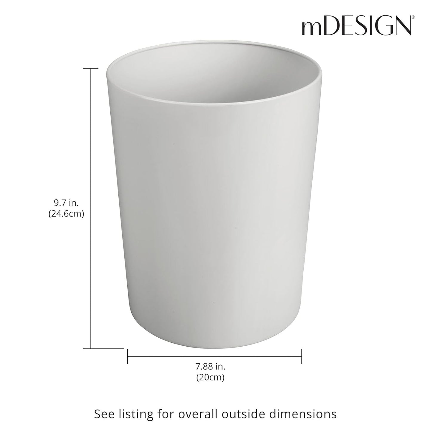 mDesign Round Metal Small 1.7 Gallon Recycle Trash Can Wastebasket, Garbage Container Bin for Bathrooms, Kitchen, Bedroom, Home Office - Durable Stainless Steel - Mirri Collection - Light Gray