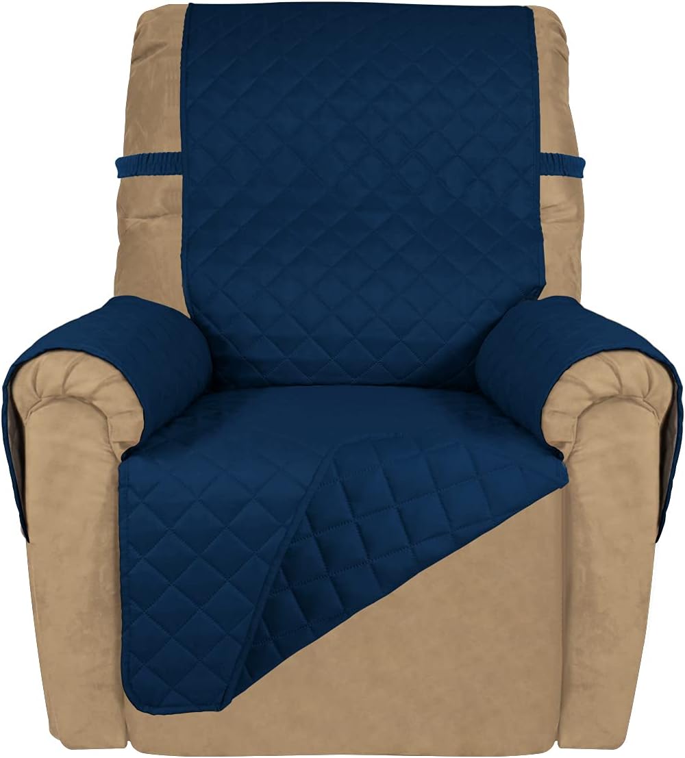 PureFit Reversible Quilted Oversized Recliner Sofa Cover, Water Resistant Furniture Protector, Washable Couch Cover with Elastic Straps for Kids, Pets (Small, Navy/Navy)