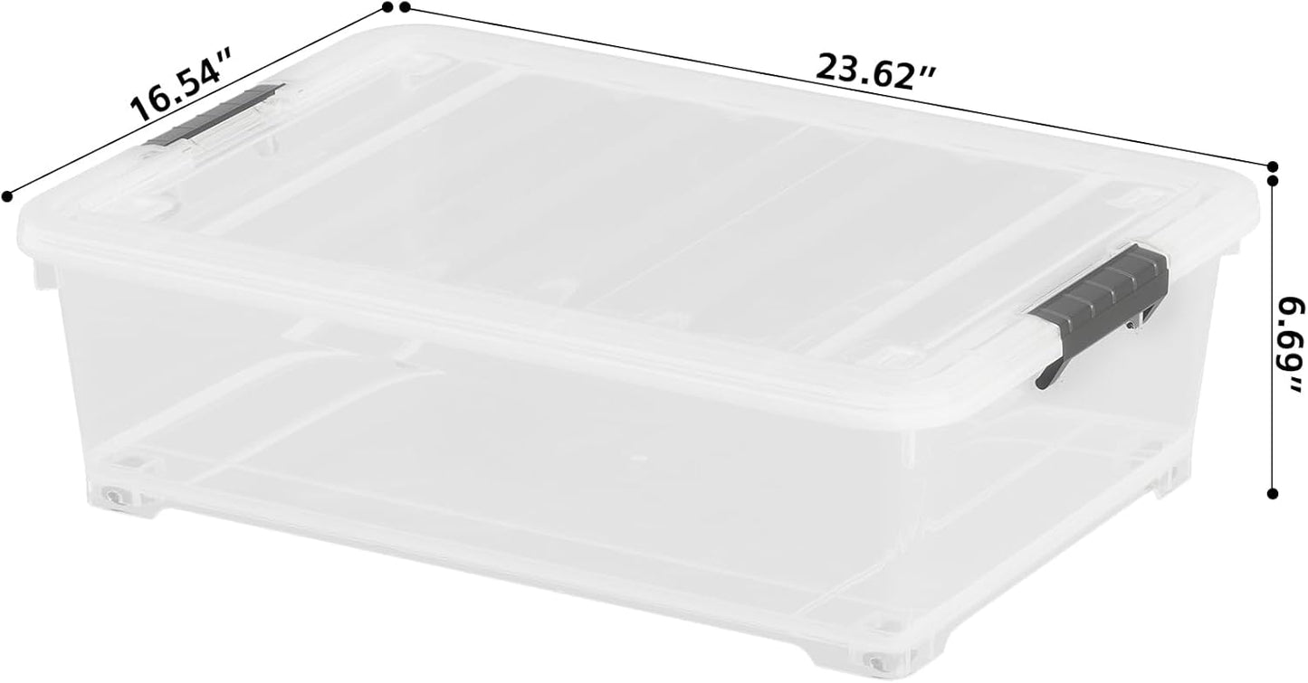25 Quart Clear Plastic Latch Storage Box with Wheels, Under Bed Storage Box, 3 Pack