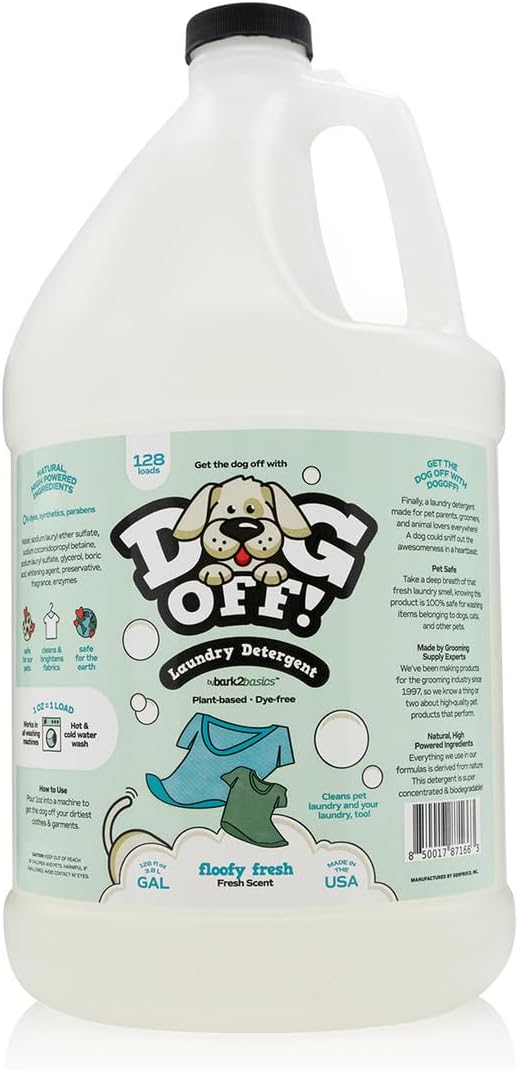 Bark2Basics Dog-Off Laundry Liquid Detergent, 1 Gallon - 128 Loads, Eliminates Pet Odors and Stains from Clothes, Towels, and Apparel, Ideal for Grooming Salons, Clinics, Kennels, Resorts, and More